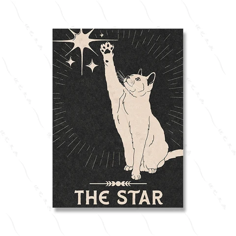 Черно-белая ретро карточка Таро с кошкой, Ретро плакат с принтом, Луна, звезда, волшебное Божье, настенное искусство для спальни, Картина на холсте, декор для комнаты и дома