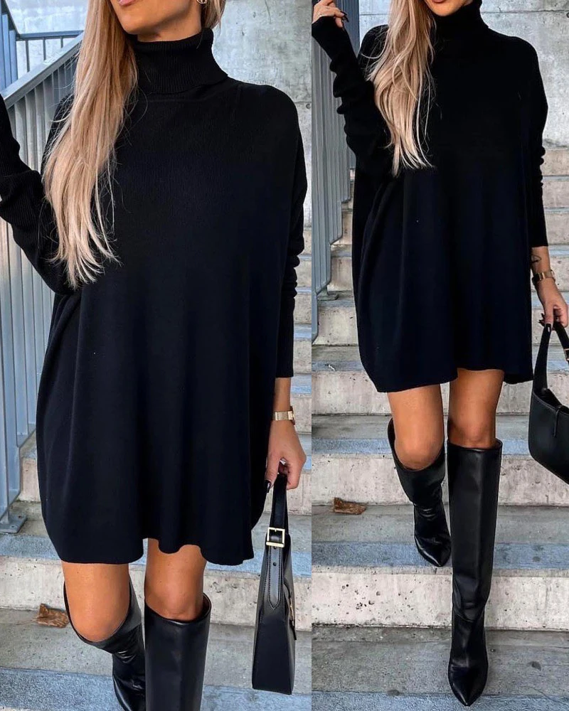 

Autumn Women High Neck Long Sleeve Knit Sweater Dress 2023 Femme Elegant Long Sleeve Midi Robe Office Lady Outfits traf