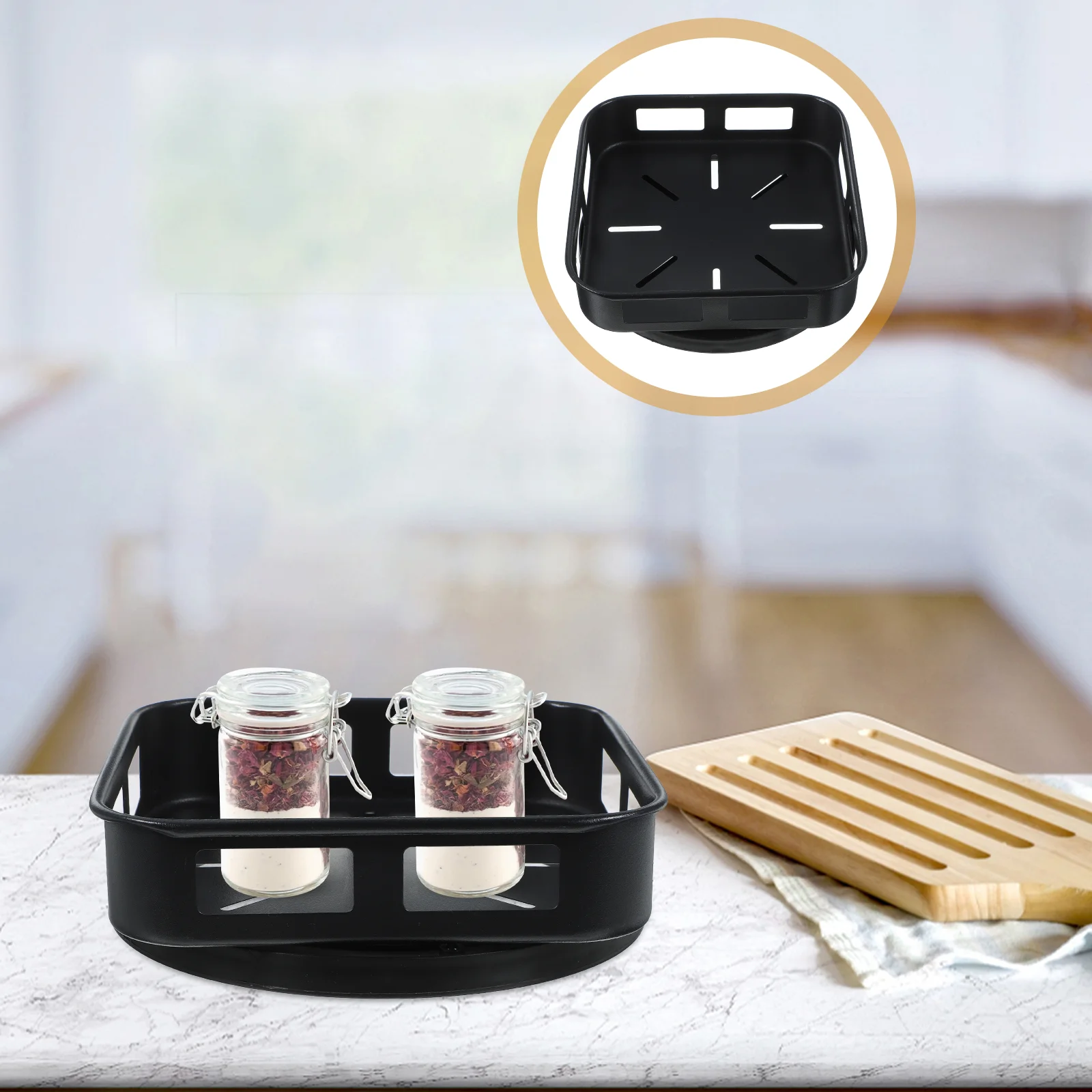 

Turntable Kitchen Sundries Holder Seasoning Organizer Square Rotating Tray Metal Shape Condiment Spice Jar Skincare