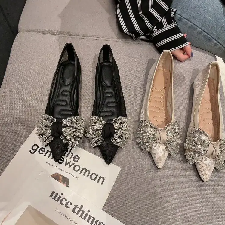Pointed Toe Breathable Rhinestone Bow Pumps Women's Spring and Summer 2023 New Soft-Soled Mesh Surface Low-Cut Flat Shoes