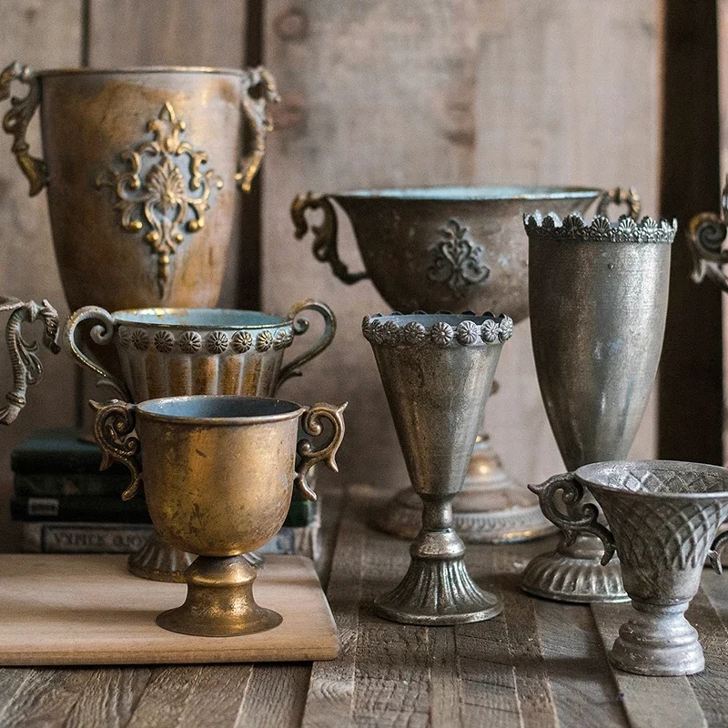 

Старинная железная ваза в стиле ретро, большая золотая засушенная Цветочная композиция, домашнее настольное украшение для дома, серебряные металлические цветочные горшки