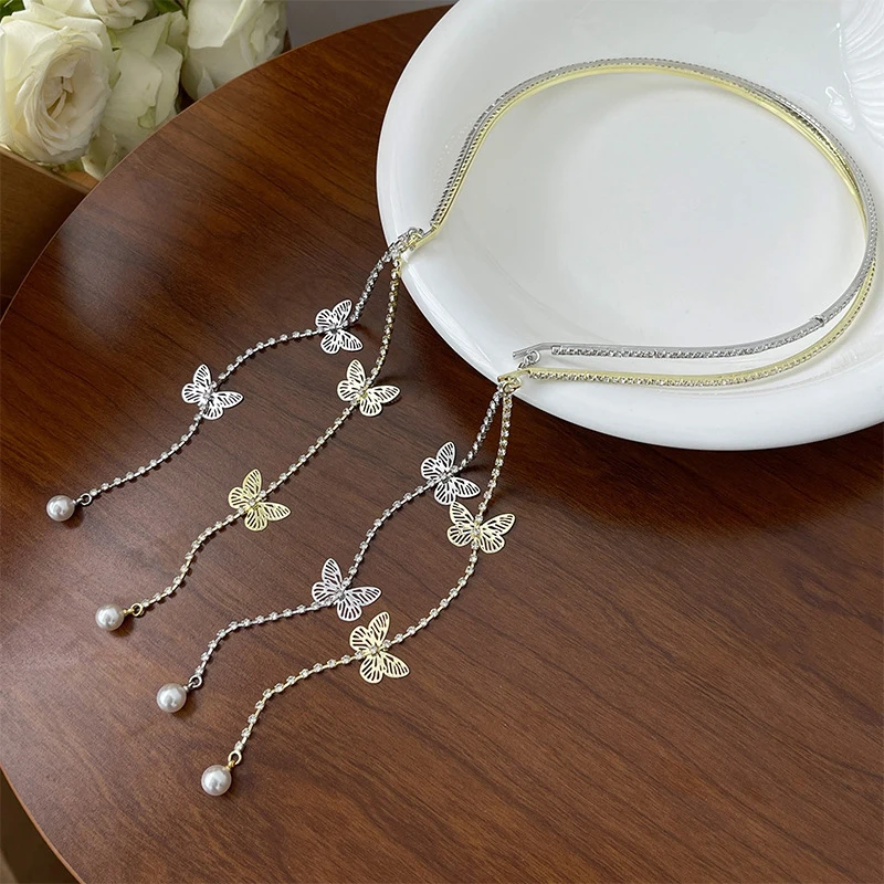 

Pearl Butterfly Tassel Headband For Women Girl Retro Hairband Simple Rhinestone Alloy Hair Hoop Wedding Crystal Hair Accessories