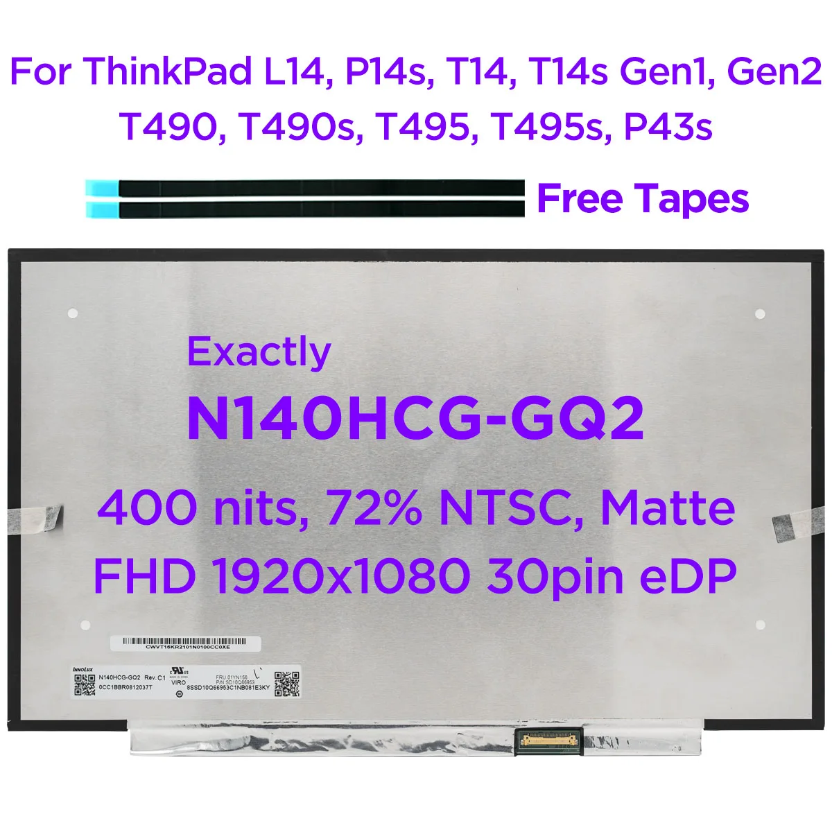 Фото ЖК-экран для ноутбука Lenovo ThinkPad L14 P14s T14 T14s Gen1 Gen2 T490 T490s T495 T495s P43s IPS FHD 30 pin №1