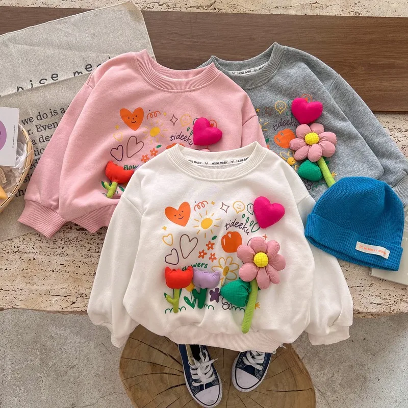 

Girls Sweater Long Sleeved T-Shirt 2023 Cute Flower Top Children's Autumn Casual Loose Round Neck Hoodie Korean Version