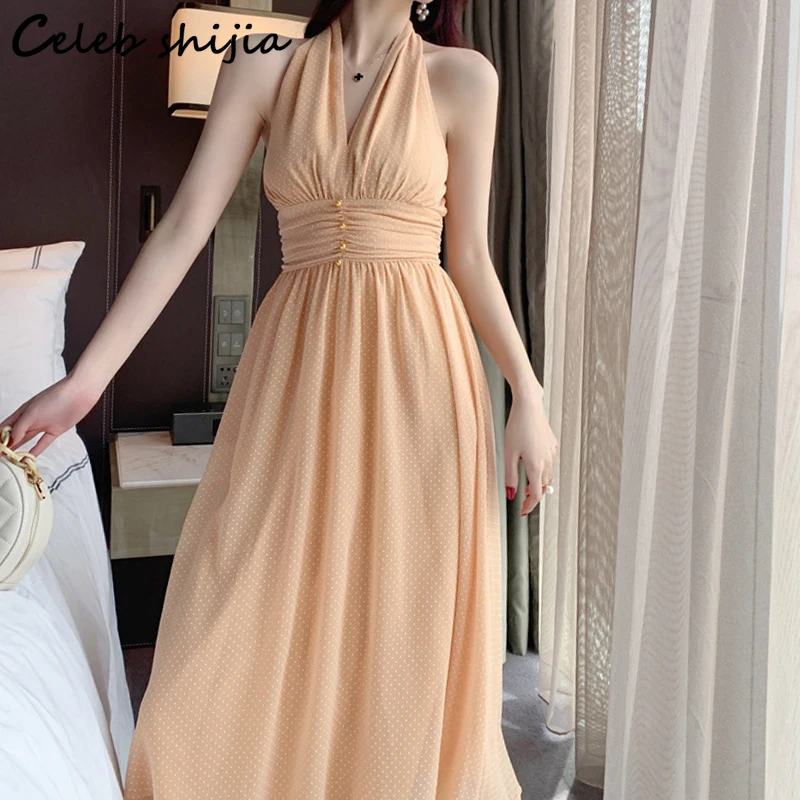 

Chic Deep V Dress Women Summer Sleeveless A-line Elegant Dresses Ladies High Waist Business Korean Prom Vestido Xl