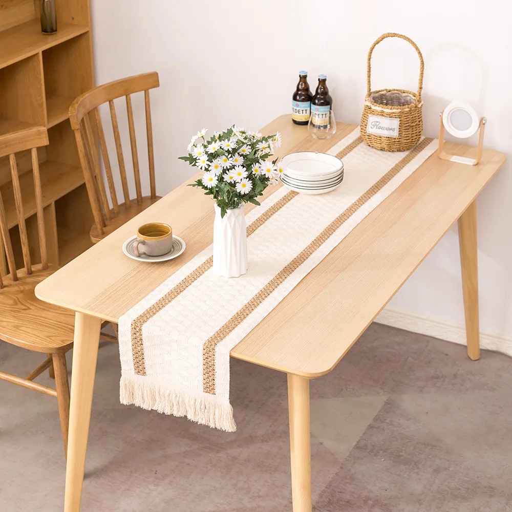 

Table flag cotton linen splicing tassel table flag holiday wedding decoration strip cloth dual color