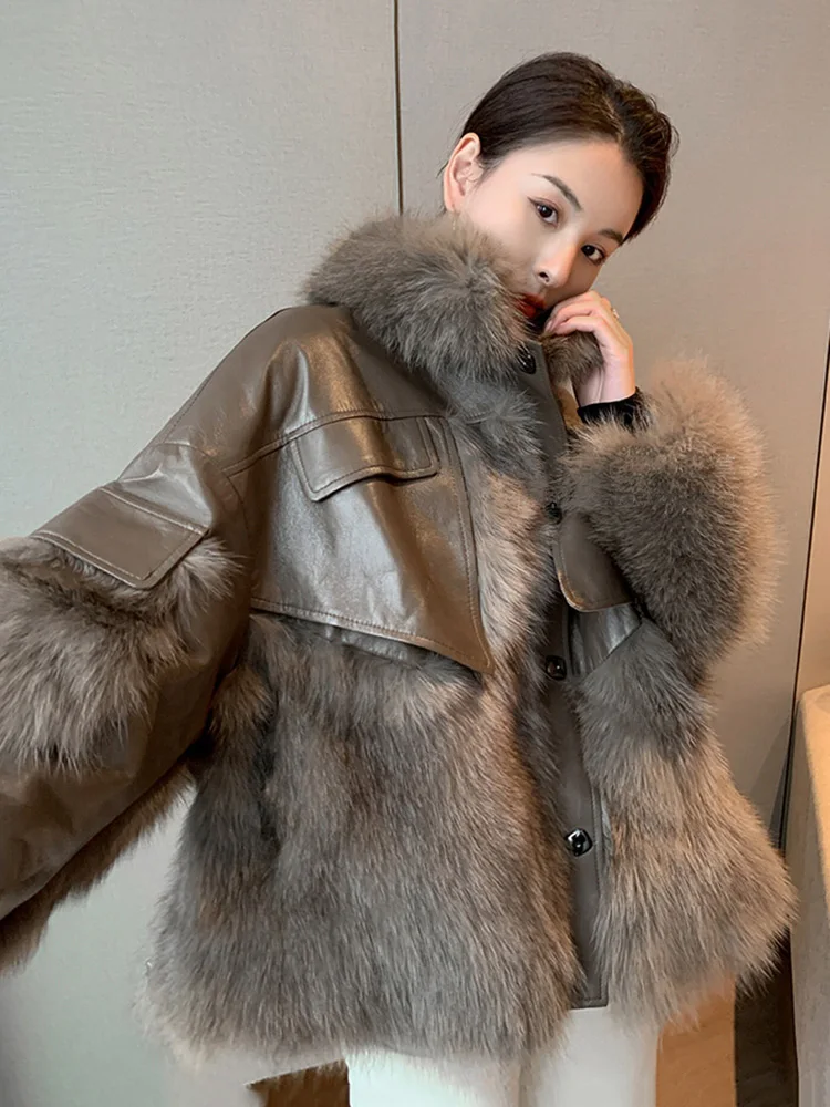 New Women Real Fur Coat Autumn Winter Fashion Thicken Fox Fur Patchwork Sheepskin Down Cotton Liner Fur Jacket Loose Outerwear