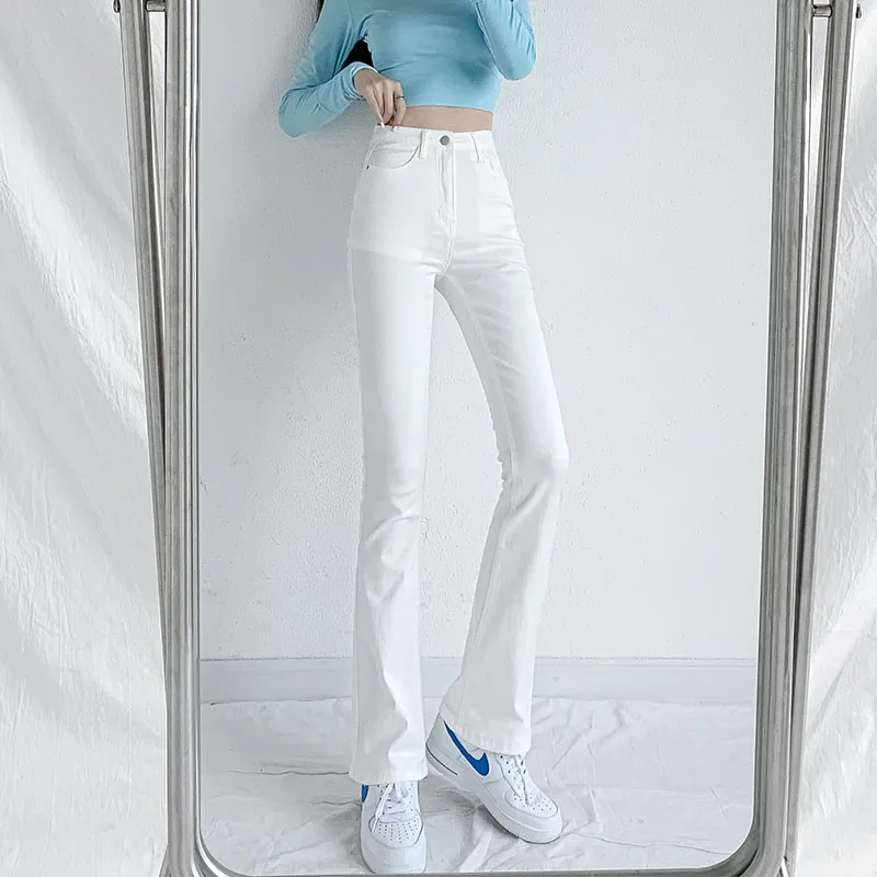 

High Waist White Jeans Women Wide Leg Slim Stretch Fashion Solid Color Micro Flared Denim Trousers Female Streetwear