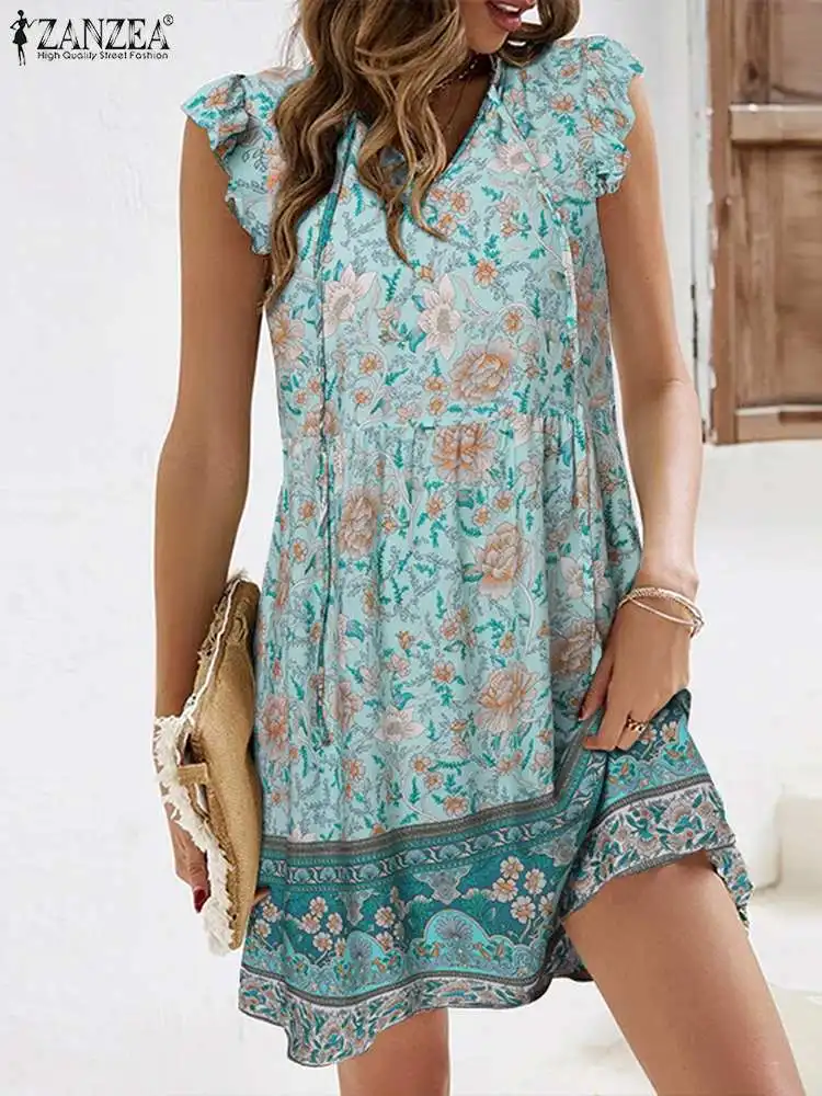 

ZANZEA V Neck Bohemian Mini Dress Casual Fashion Beach Dress Floral Print Vintage A-line Vestido Women Ruffles Short Sleeve Robe