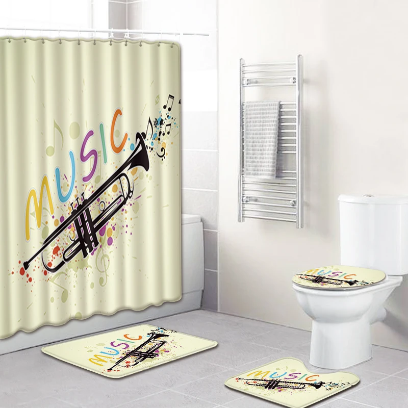 

Music Notes Shower Curtain Set Waterproof Bathroom Bath Curtain Non-slip Flannel Toilet Carpet Rugs Bath Mat Set With Curtain