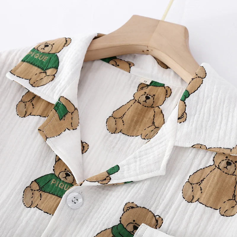 Couple Pajamas Short Sleeve Shorts Suit Green Bear Printing New Summer Cartoon Crepe Swallowtail Women Men Cute Home Clothes Set