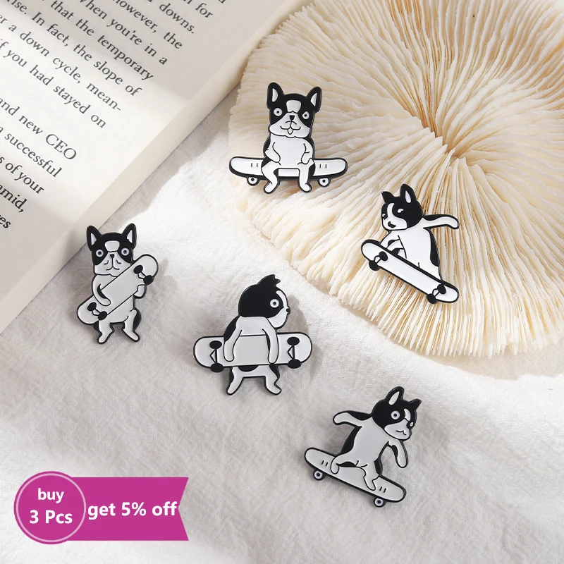 Skateboard Motion Enamel Pins Custom Black and White Spotted Dog Brooch Lapel Badge Bag Cartoon Pin Jewelry Gift for Kid Friend |