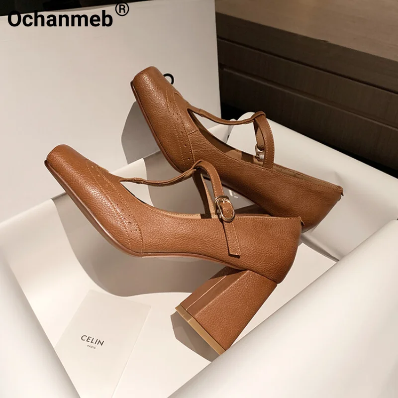 

Женские туфли-лодочки Ochanmeb в стиле ретро с Т-образным ремешком, туфли-лодочки из искусственной кожи на высоком блочном каблуке с пряжкой, же...