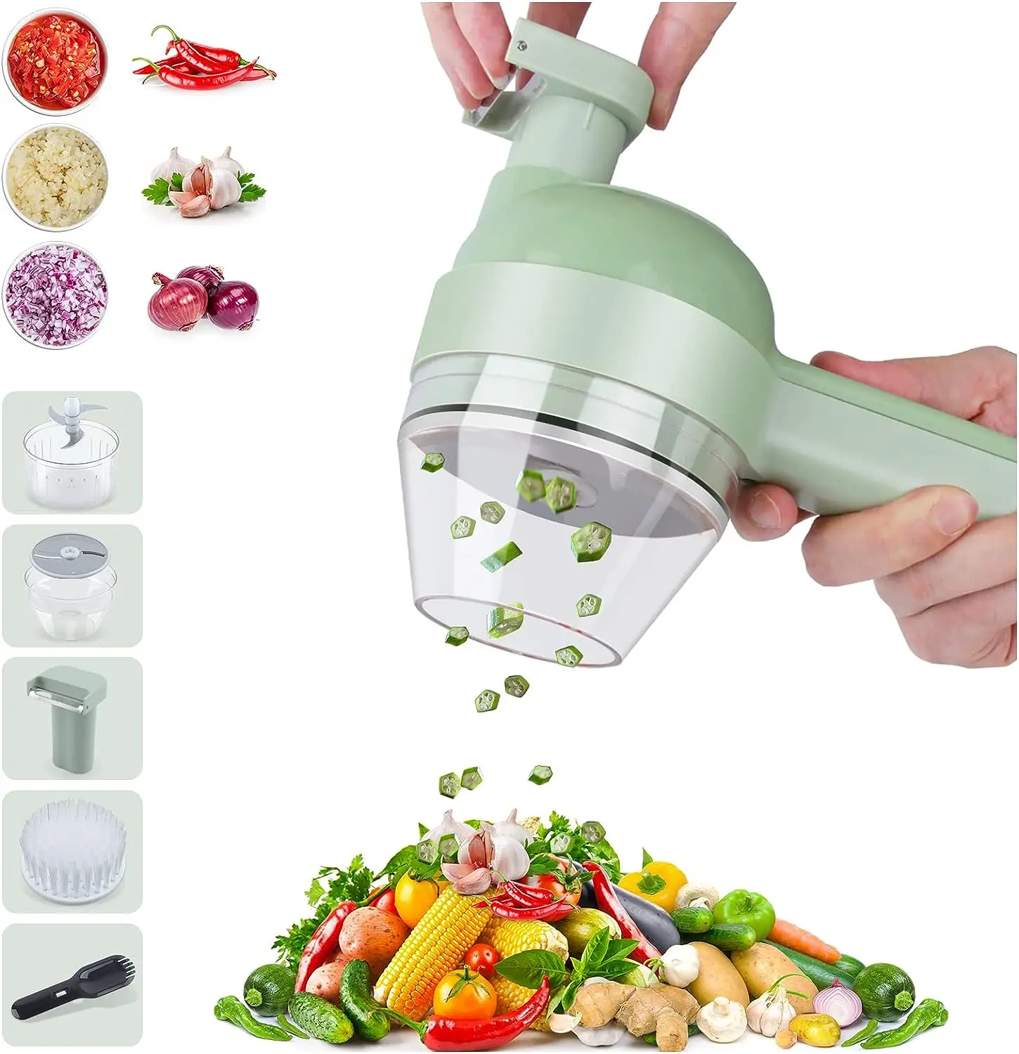 

4 in 1 Handheld Electric Vegetable Cutter Portable Vegetable Slicer Onion Garlic Chopper Chili Pepper Kitchen Gadgets with Brush