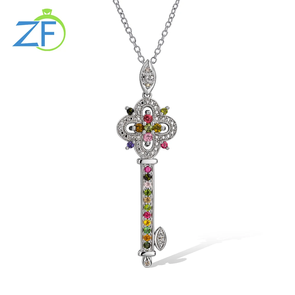GZ ZONGFA Genuine 925 Sterling Silver Key Necklace For Women 0.02ct Natural Diamond and Tourmaline Pendant Fashion Fine Jewelry