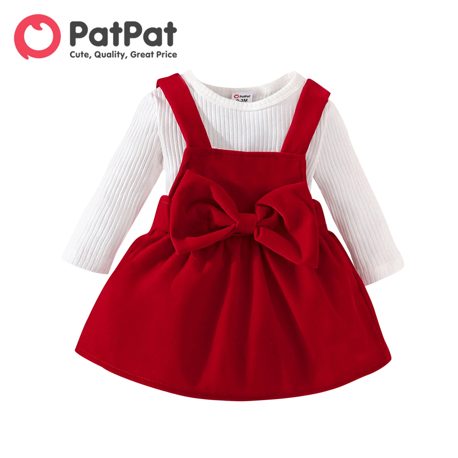 

PatPat 2pcs Baby Girl 95% Cotton Ribbed Long-sleeve Romper and Red Bow Front Overall Dress Set