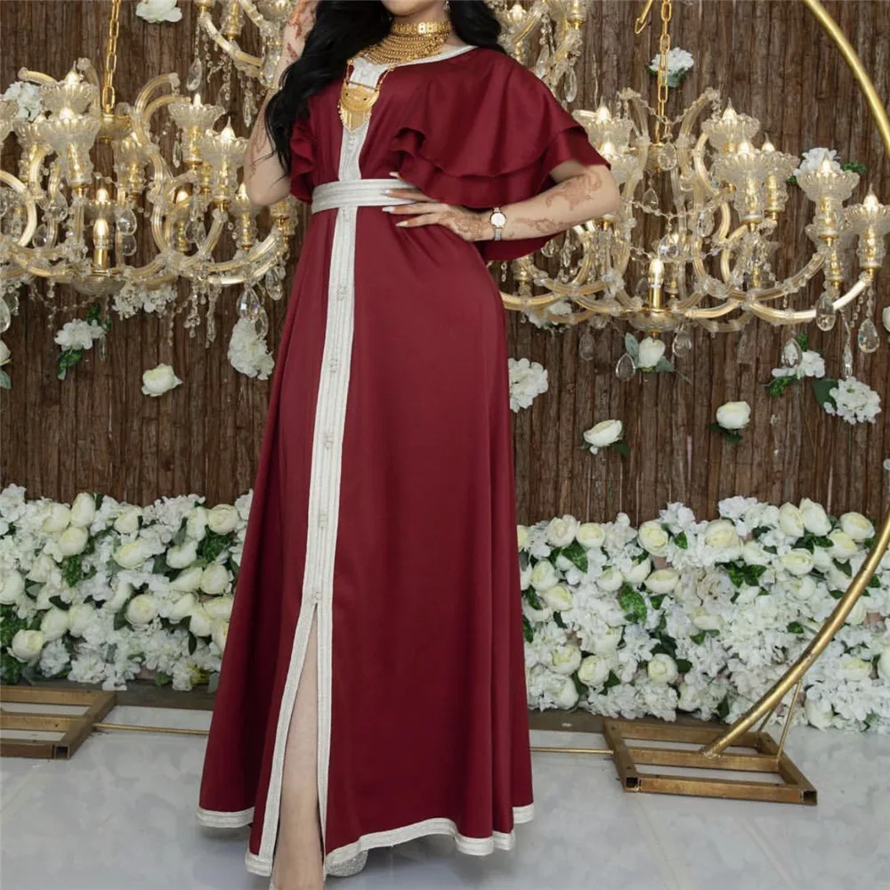 Женское длинное платье, одежда для мусульманской вечеринки, Abaya Dubai Jalabiya кружевное полотно Robe, платье с рукавом в виде листьев лотоса, этниче...