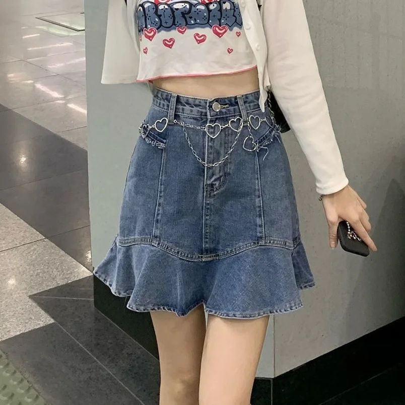 

Jean Mini Skirt Gothic Flared Denim Skirts For Women Girls Summer Punk Y2K Blue Mujer Faldas High Waist Korean Fashion Howdfeo