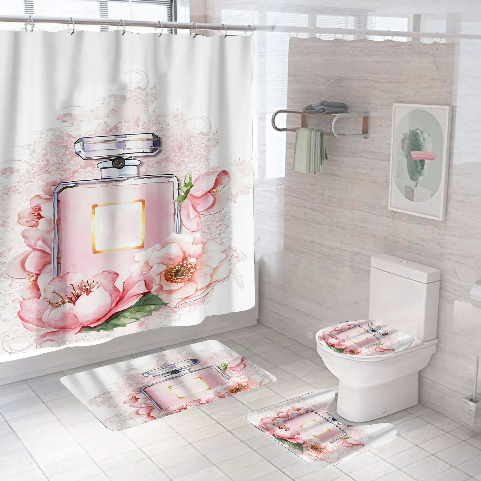 luxury perfume bottle flowers 3d shower curtain 4pcs set custom hooks hanging curtains printed bathroom waterproof cover screen free global shipping