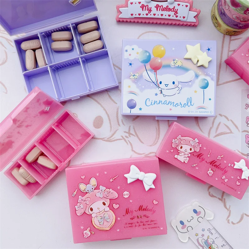 

Sanrio Kawaii My Melody Cinnamoroll Pill Box Portable Sealed Mini Pill Dispenser Organiser Jewellery Cartoon Anime Box Kid Gift