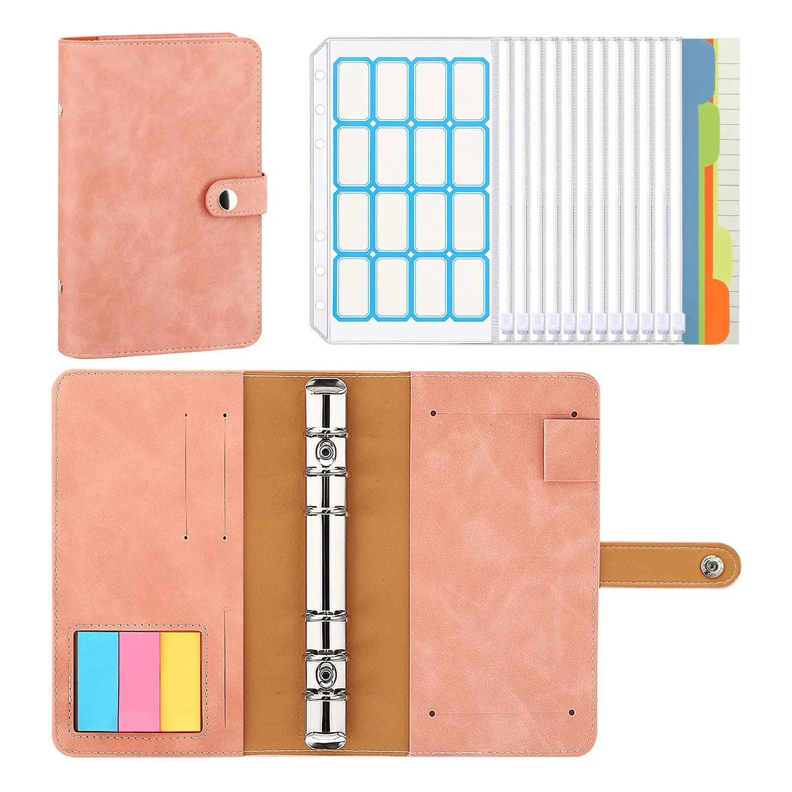 

A6 Budget Binder 6-Ring PU Leather Notebook Folder with 12 Zipper Binder Pockets,Page Markers, Tabbed Dividers,Loose Leaf Papers