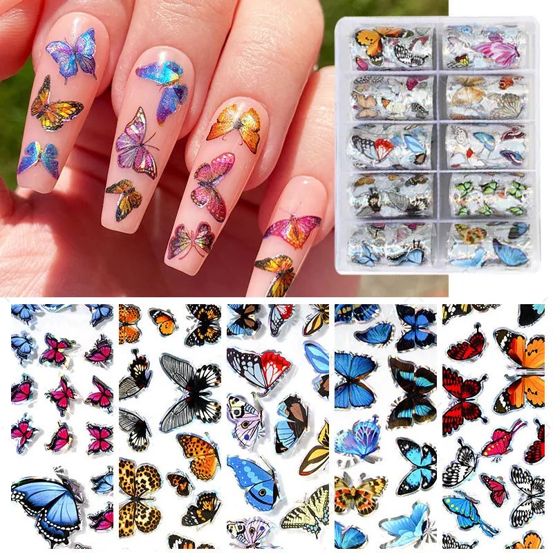 

Nail Wraps Decal Starry Foils Nail Transfer Sticker Lace Butterfly Manicure 10 Rolls/Box French Nail Decoration Colorful Fashion