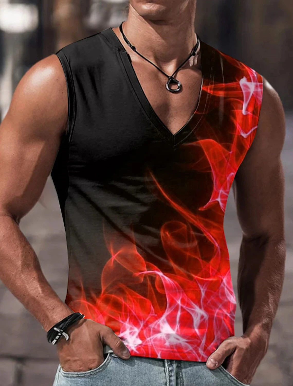

Men's Vest Sleeveless T Shirt Patterned Spliced Flame Shirt Casual Muscle V Neck Clothing 3D Printed Sports Running Fitness