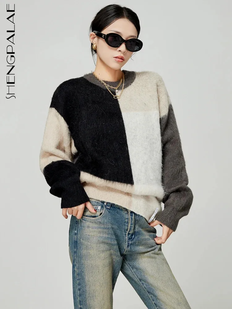

SHENGPALAE Contrast Color Sweater For Women Mohair O-neck Full Sleeve Loose Chic Knitting Pullover Winter 2023 New Trendy 5R8054