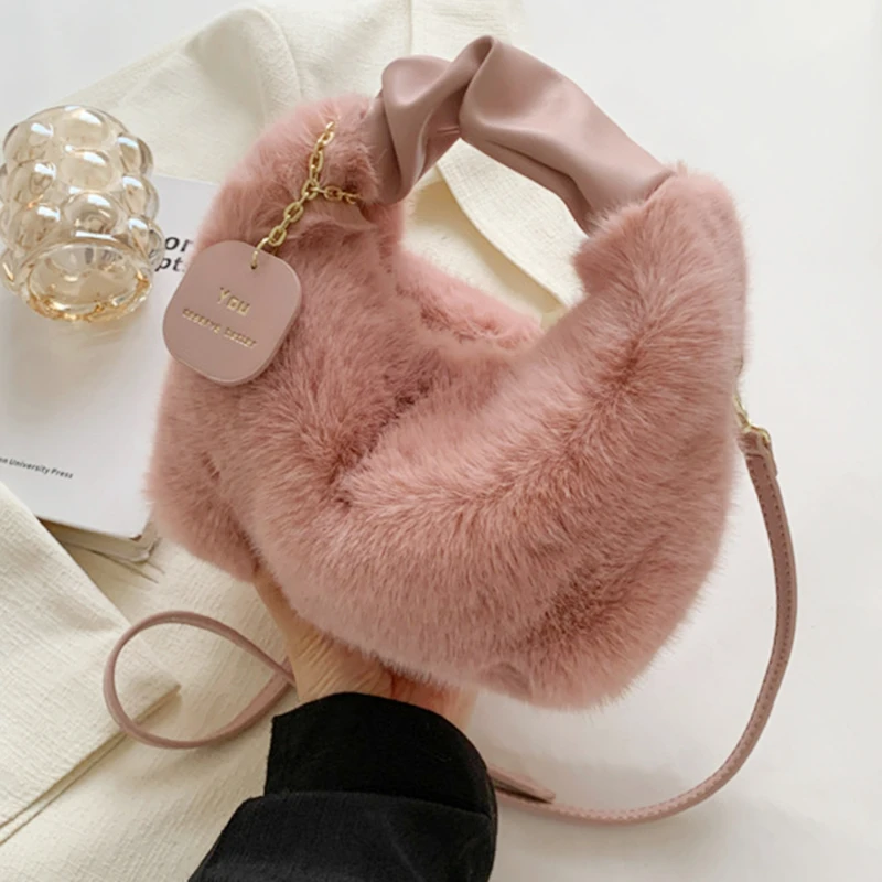 

Women Faux Fur Handbags Zipper Small Lady Shoulder Crossbody Bag Casual Tote Half-Moon Hobos Winder Girls warm bag