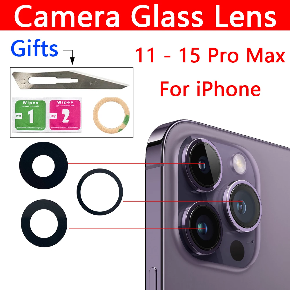 

Camera Lens For iPhone 11 12 13 14 15 Pro Max Back Camera Lens Rear Camera Replacement Glass Lens With Repair Tool Adhesive Glue