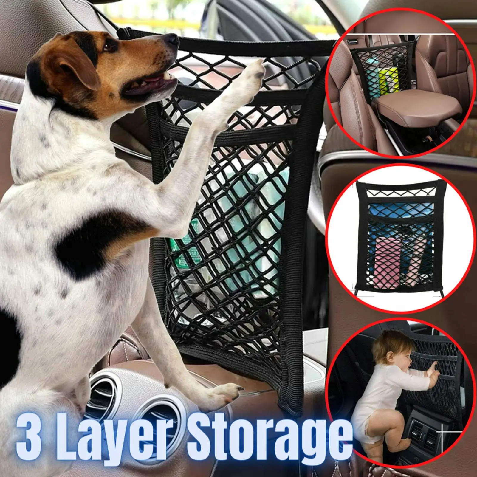 

Universal Car Net Organizer Standard Between Seat Mesh Storage Net with Pockets Polyester Front Seat Dog Barrier for Cars Trucks