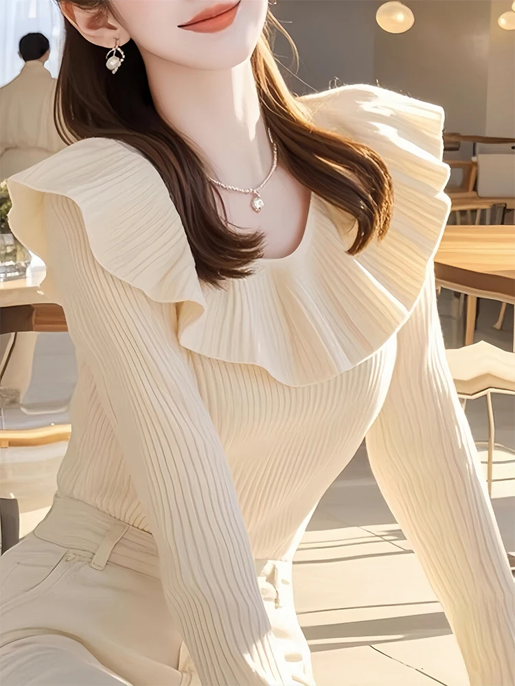 Женский свитер с оборками новинка 2024 осень и зима уникальный шикарный вязаный