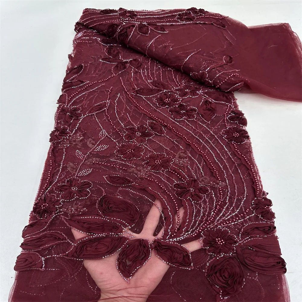2024 модная французская сетка 3D цветы вышивка бисер кружевная ткань с блестками