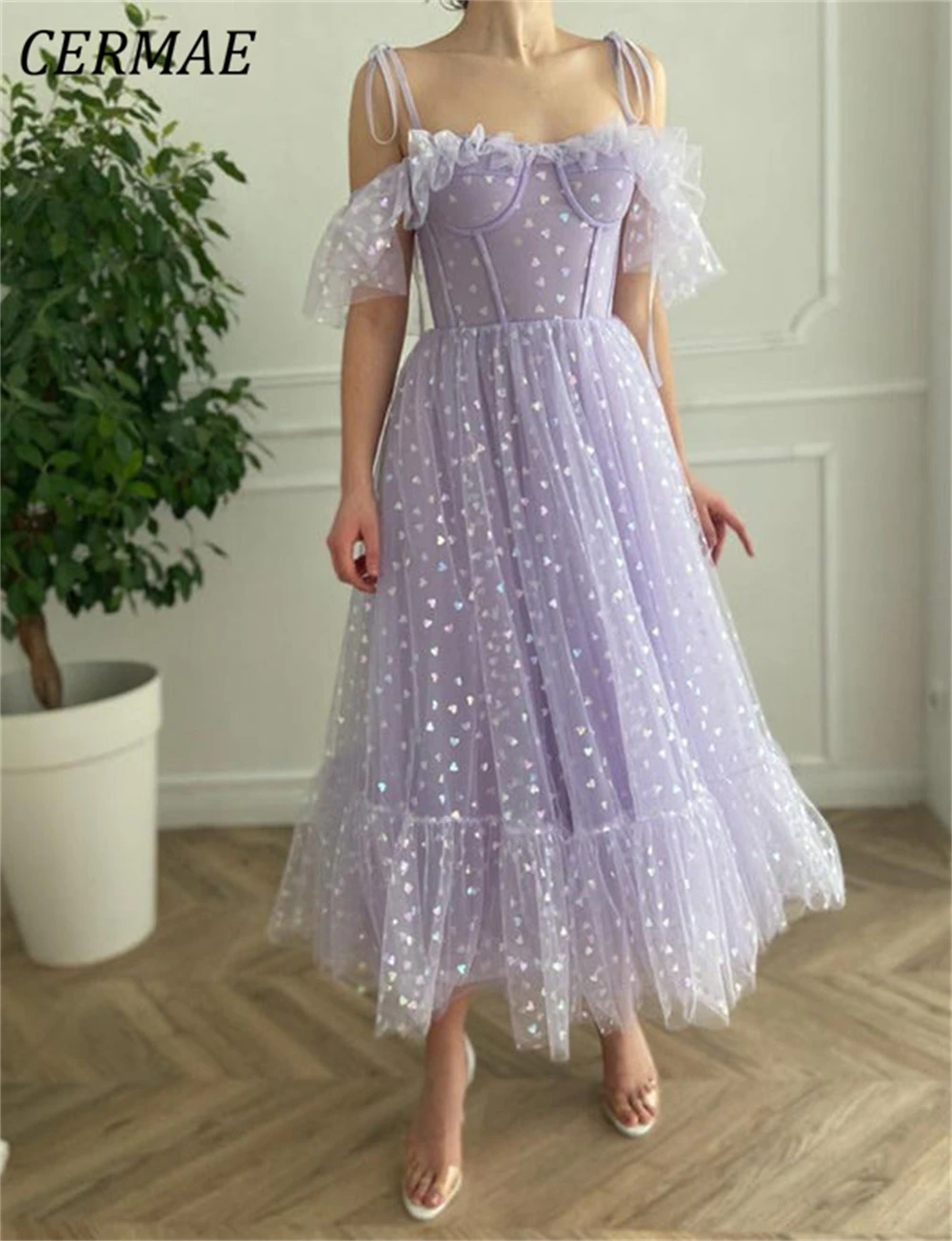 

CERMAE Purple Ruffled Tulle Sling Prom Dresses Long A Line Off the Shoulder Sequins Evening Gowns Formal Party Dress