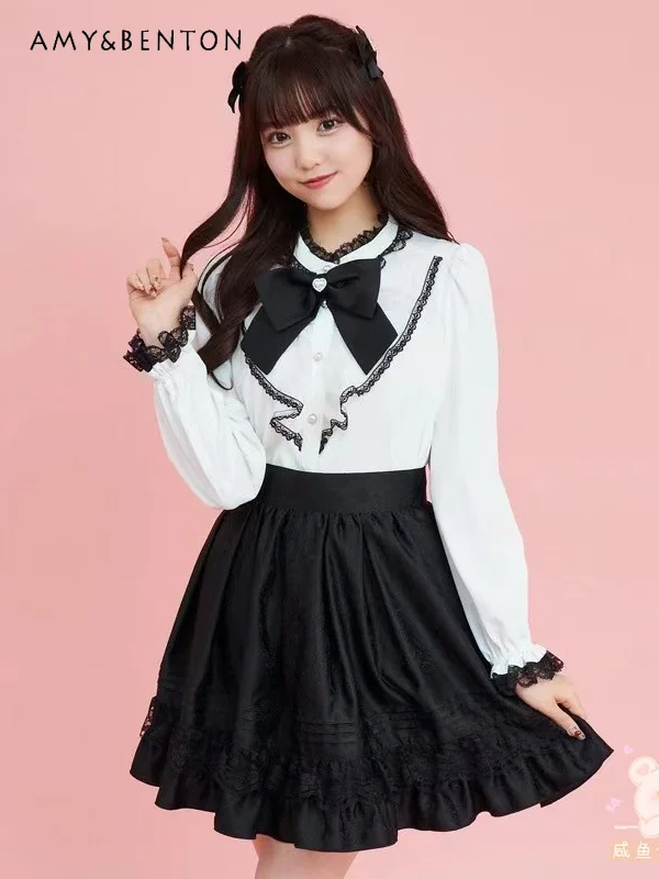 Осенняя SC новая японская милая тонкая рубашка с бантом и кружевом со стразами