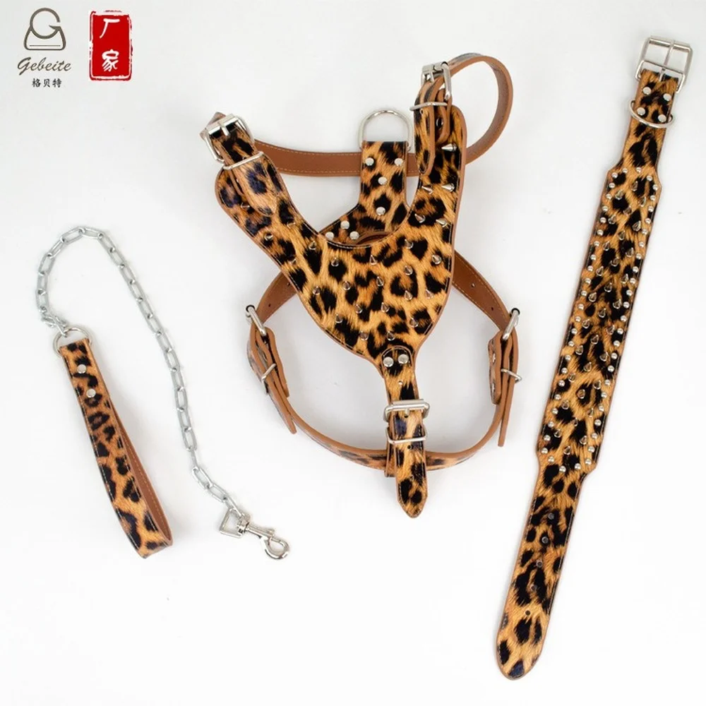 

Dog Harness and Leash Set, Leopard Print Pet Chest Harness, Three-piece Set, Rivet Pet Collar, Traction Rope, Four Seasons