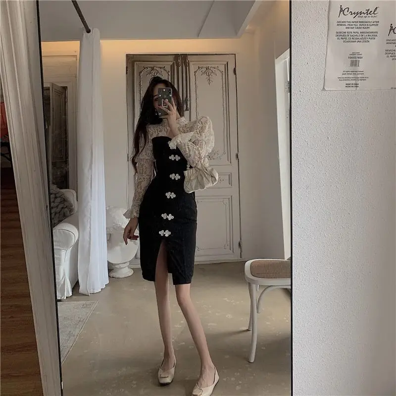 

French Retro Little Black Dress Women Elegant Skirt Fashion Stitching Lace Hollow Out Dress Slim Party Flared Sleeves Evening