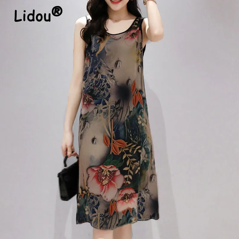 

Casual Elegance Show Thin Ethnic Style 2022 Women Summer Chiffon Round Neck Sleeveless Comfortable Retro Sling Midi Dress