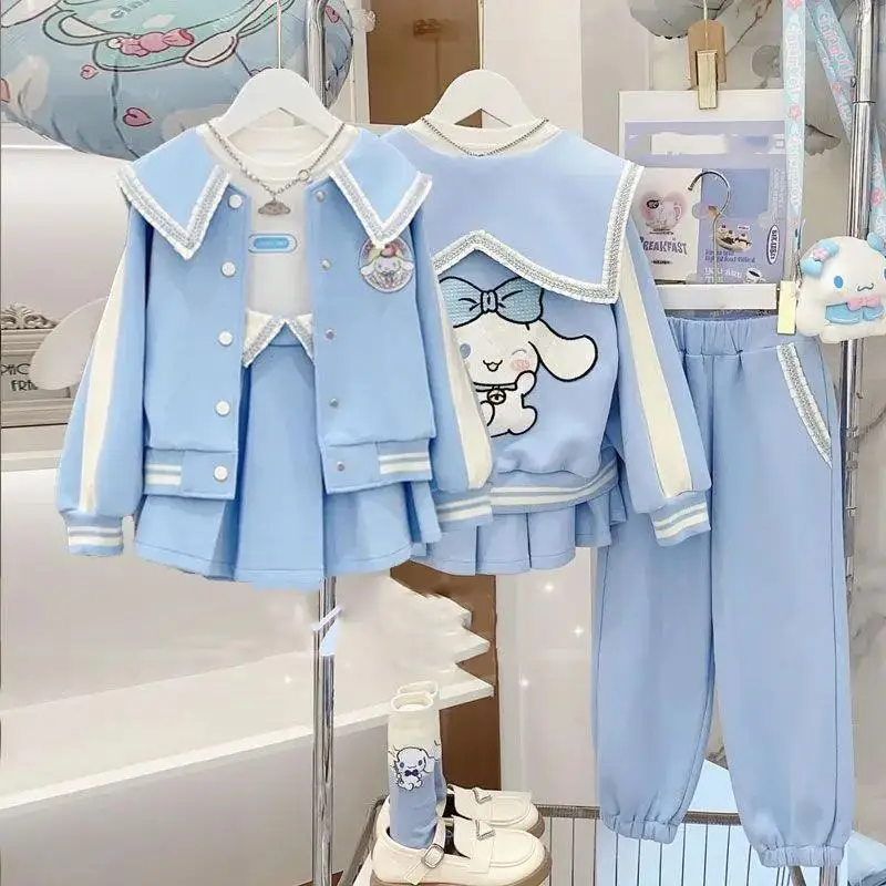 

Sanrio Autumn Winter Clothing Children Cinnamoroll Baseball Jacket Pleated Skirt Pants Two Piece Casual Sportswear Girl Set