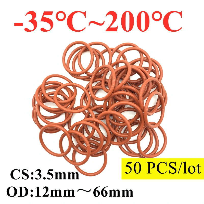 

50 шт. красное Силиконовое уплотнительное кольцо VMQ CS 3,5 мм OD 12 ~ 66 мм пищевая Водонепроницаемая шайба резиновая Изолированная круглая форма у...