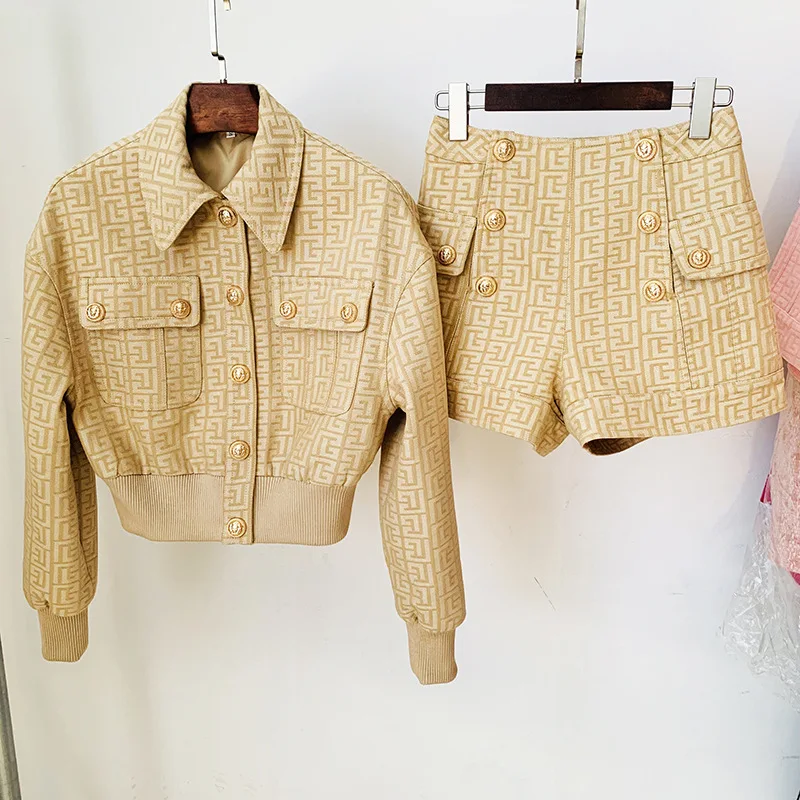 

Jacket Shorts Sets 2022 New Designer Fashion Metal Button Labyrinth Pattern Jacquard Slim Short Jacket Coat Suits High Quality