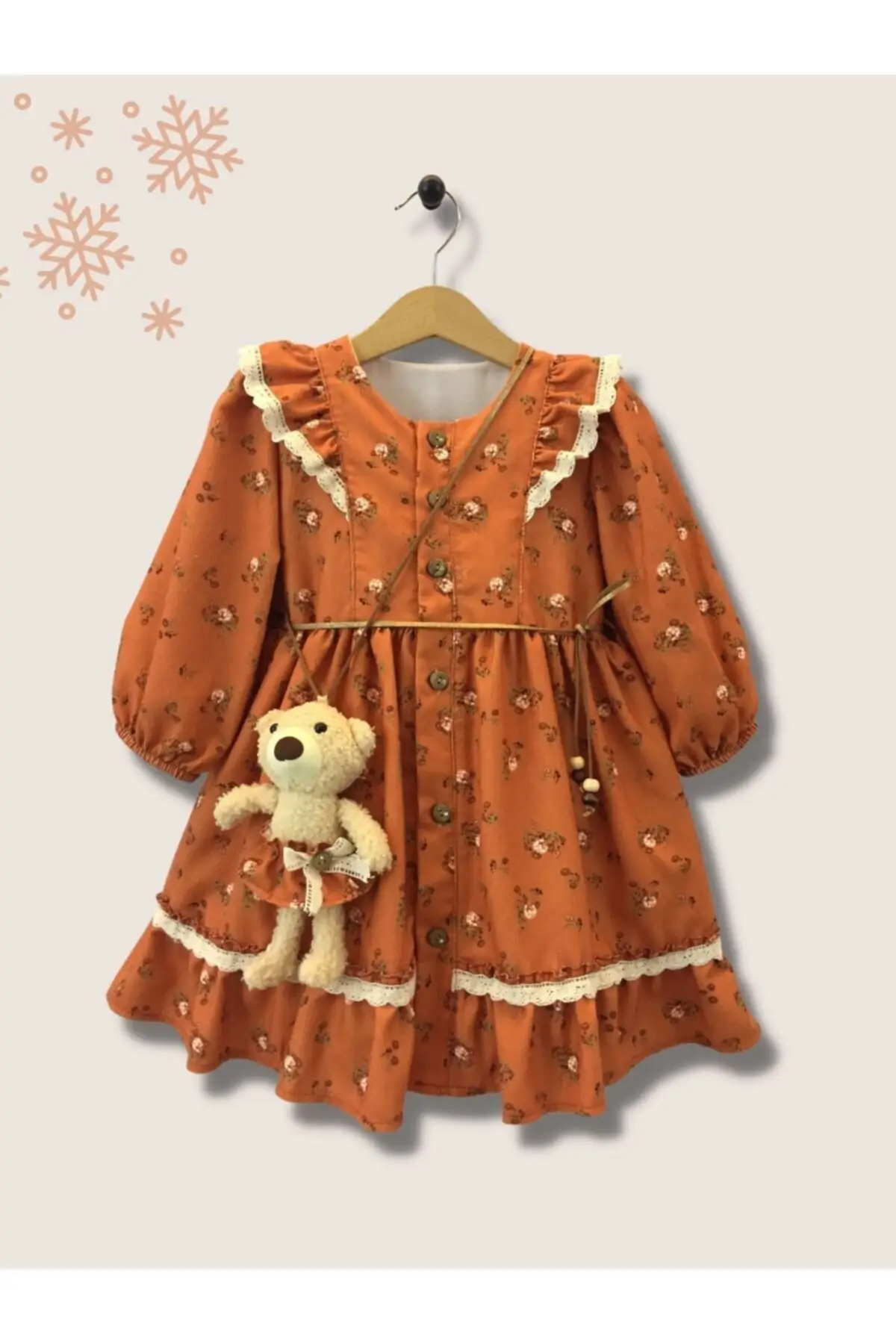 

Bear Dress Floral Long Woven Cotton-Polyester-Elastane Sleeve Trend Bicycle Neck Orange Button Laid Clothing