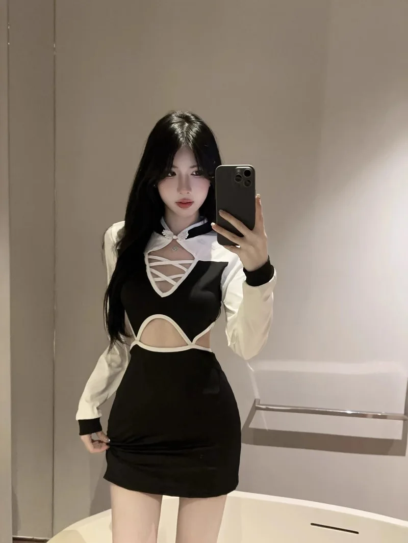 Версия дизайна корейское платье с воротником-стойкой и открытой спиной длинными