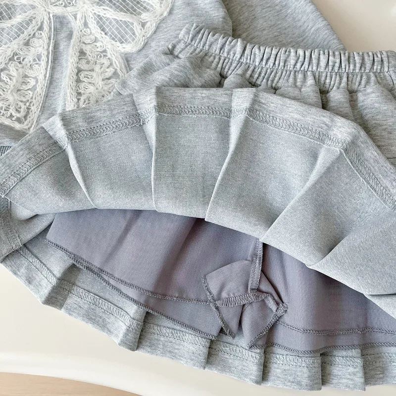 Костюм для девочек осень 2024 новинка толстовка с лацканами и бантом + юбка