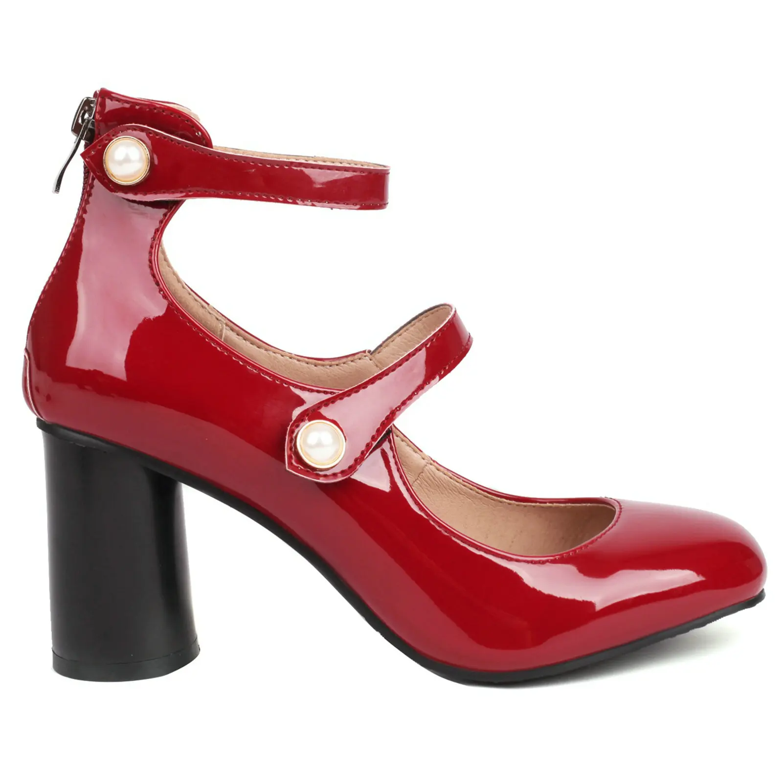 Eokkar Vintage Ankle Strap Patent Leather Mary Janes for Women Block High Heel Shoes Back Zip Rockabilly Shoes Plush Size 48