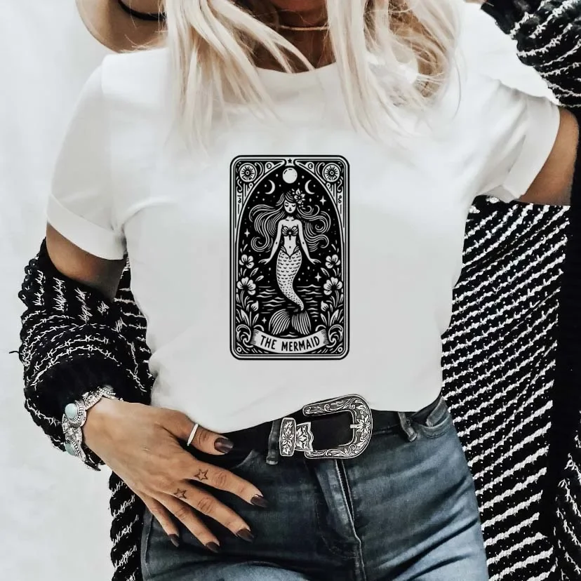 Русалка в стиле ретро Повседневная футболка с круглым вырезом и коротким рукавом