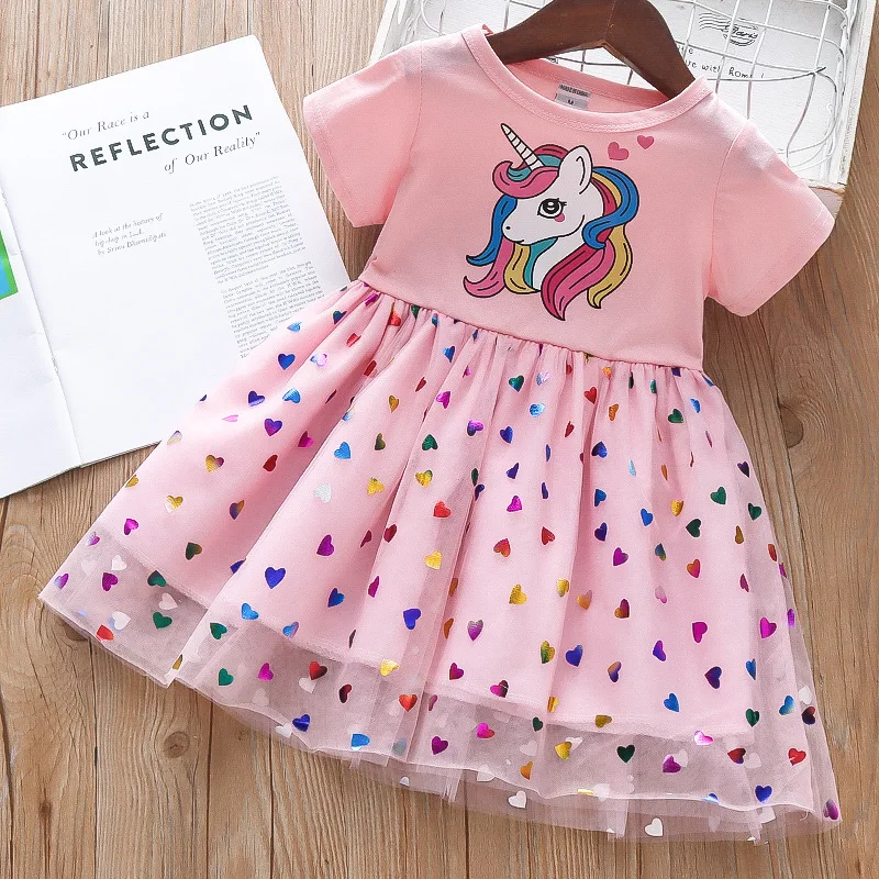 

Unicorn Party Dress for Baby Girls 2023 Summer Colorful Hearts Princess Lace Dresses 2-6 Years Vestidos Children Cartoon Clothes