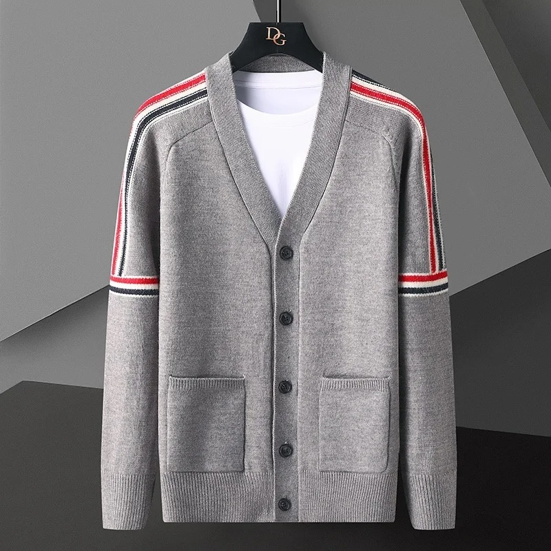 

quality High fashion color blocking knitted cardigan for men Autumn new high-end brand Korean trend sweater coat for men