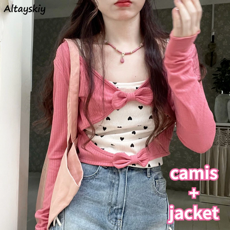 

Женские комплекты с бантом, привлекательные солнцезащитные укороченные куртки с вырезами, приталенная кофта в японском стиле, молодежная модная эстетичная Повседневная Уличная одежда