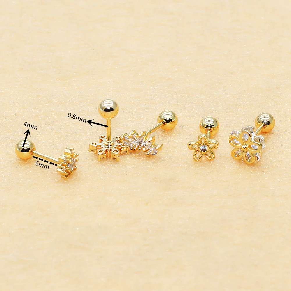 

Gold Color 0.8mm Delicate Screw-Back Copper Stud Earrings Never Fade Sleeping Shape More Bling Zircons Fashion Good Jewelry
